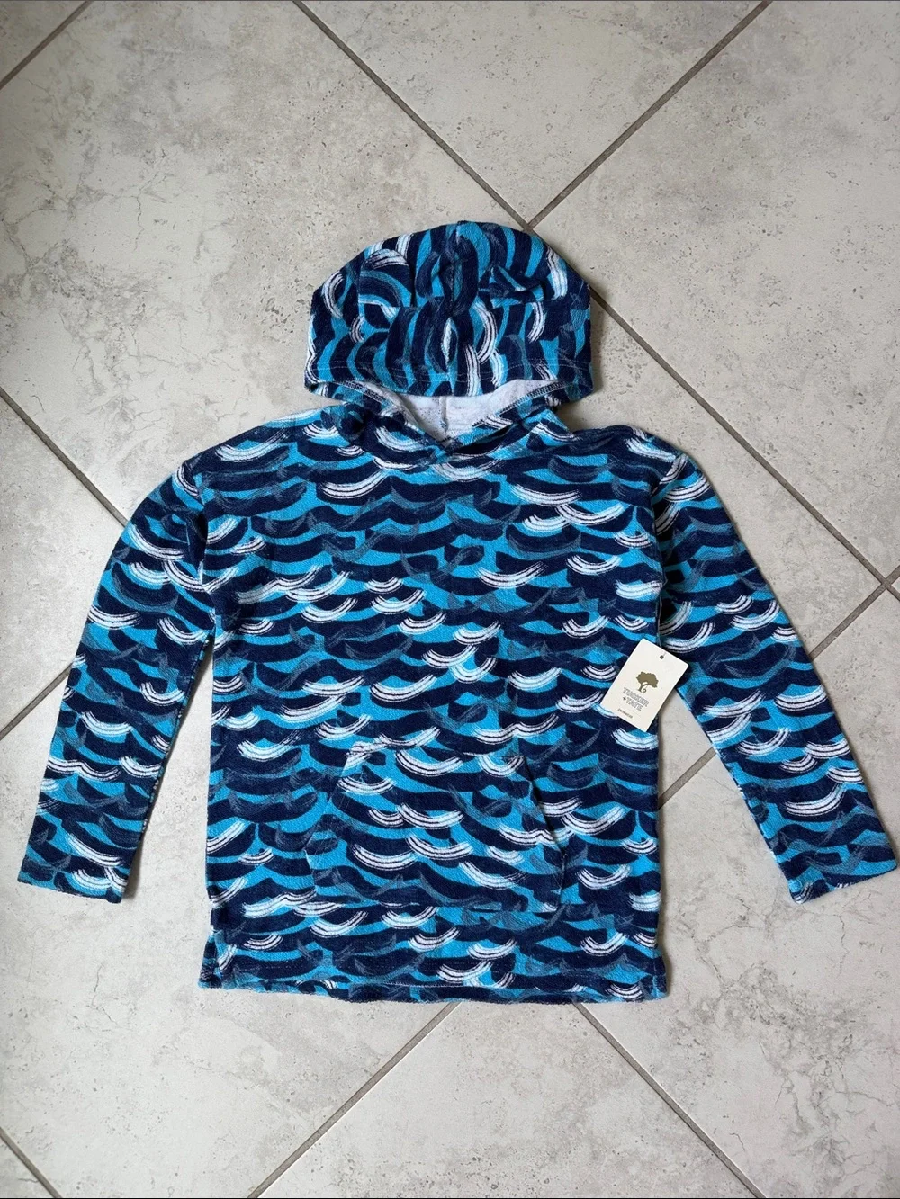 Tucker + Tate Hooded Kids Rashguard in Blue and White Wave Print